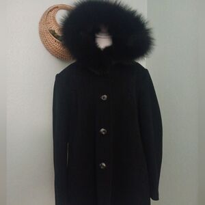 SACHI Black Pea Coat Wool Nylon Cashmere with Fox Fur Collar Button Up
